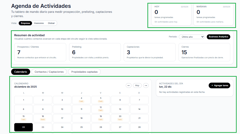 Panel de gestión y tracker de asesores